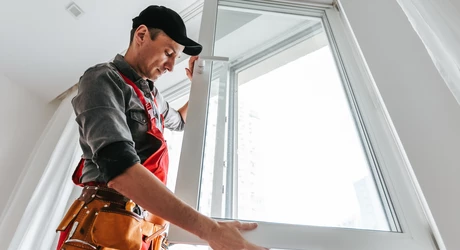 Technician installs windows inside a residential home.  