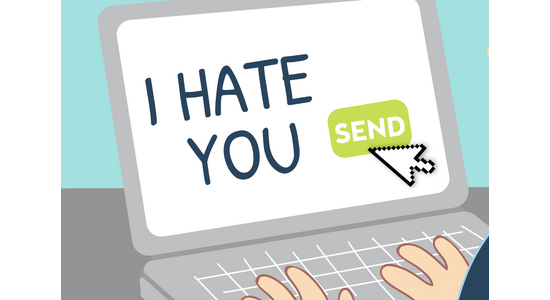 Illustration of a laptop screen displaying the message “I hate you” with a send button, representing harmful online messages.