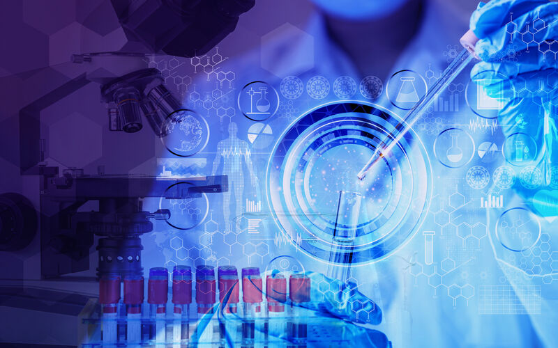 Image of man in lab coat holding a pipette with a lot of tech graphics and images over it
