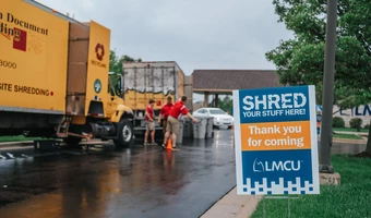 LMCU Shred Day event setup with secure document shredding available for community members. 