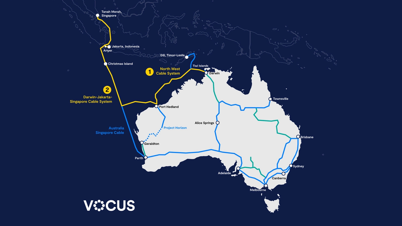 Map showing the Vocus telecommunications cable network across Australia and Southeast Asia. It highlights three major submarine cable systems: the North West Cable System (Darwin to Port Hedland), the Darwin-Jakarta-Singapore Cable System (via Christmas Island and Indonesia), and the Australia-Singapore Cable (Perth to Singapore). The map also shows terrestrial fiber routes connecting major Australian cities, including Sydney, Melbourne, Brisbane, Adelaide, Perth, Darwin, and Alice Springs. The "Project Horizon" cable links Geraldton, Port Hedland, and Alice Springs.