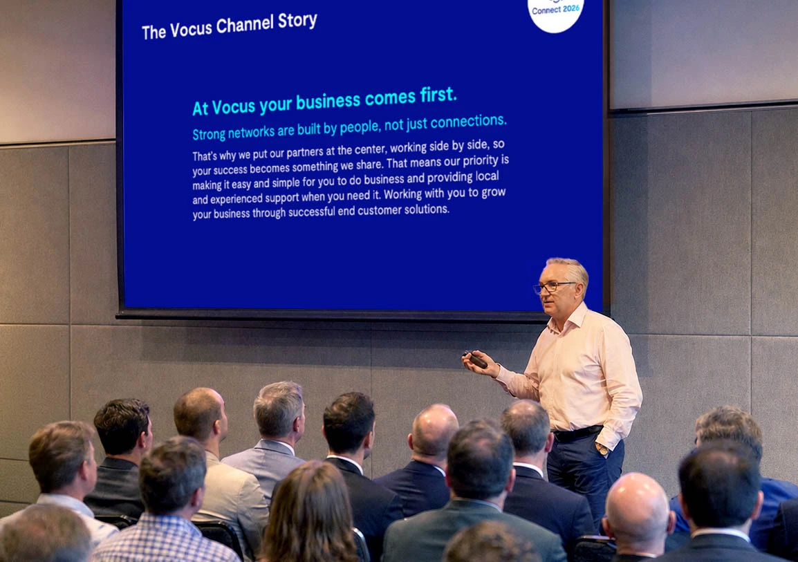 Keith Masterton GM Channels and Alliances speaking about Vocus' new partner program named Pure at Vocus Connect 2026 roadshow for partners. 