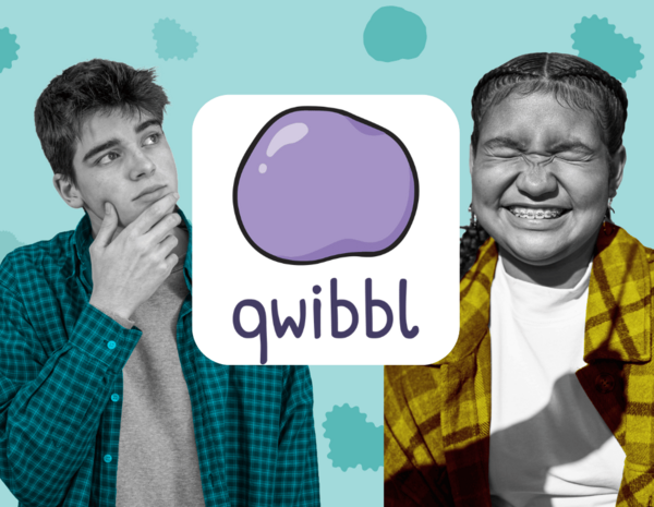The qwibbl app logo with two teens in the background