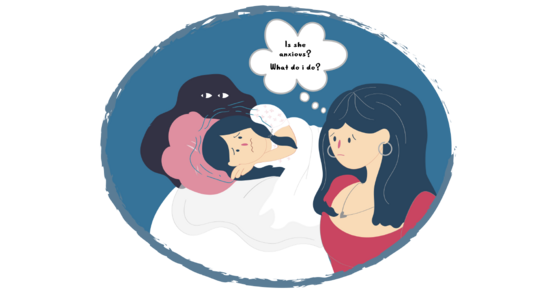 Illustration of a mother sitting beside a bed while a child lies under a blanket with eyes closed. A dark shadow shape with eyes appears behind the bed. A thought bubble above the seated person reads, “Is she anxious? What do I do?”.
