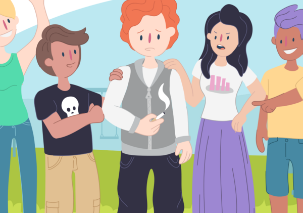 Illustration of a group of teens pressuring one to take a smoke of a cigarette.