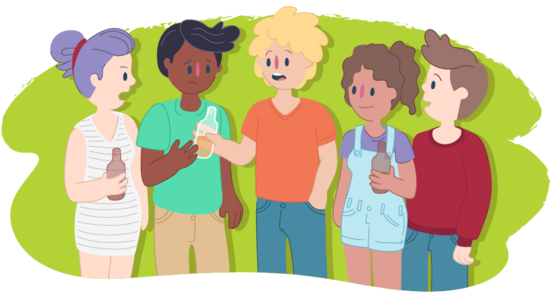 Illustration of five people standing together outdoors. Several people hold bottles, and one person extends a bottle toward another person. The background is green and abstract.