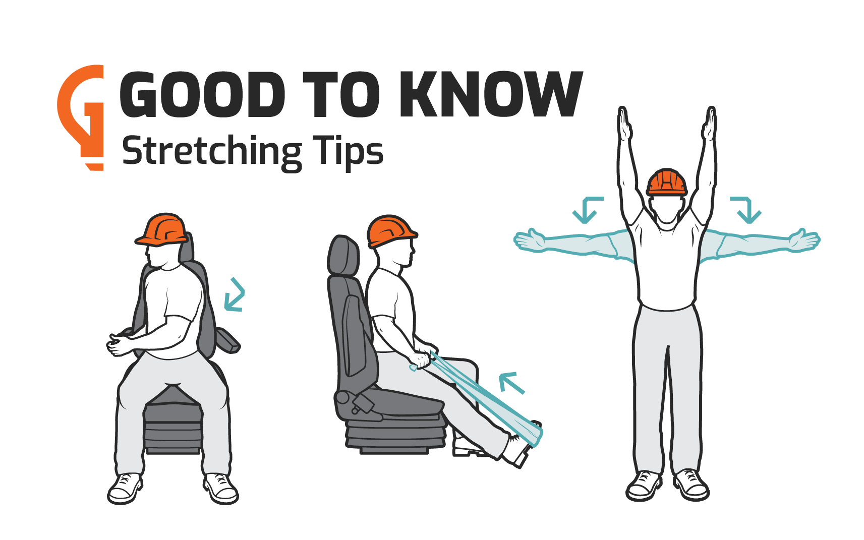 An illustration of stretching tips for construction equipment operators.