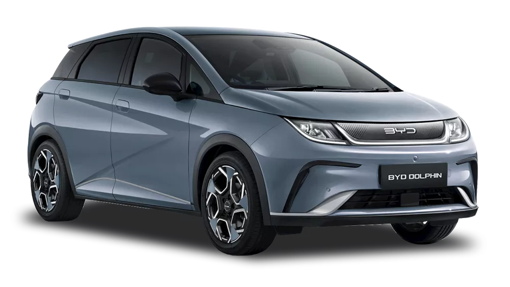 A silver-blue BYD Dolphin electric car shown on a transparent background. The car has a sleek, modern hatchback design with aerodynamic contours and futuristic styling.