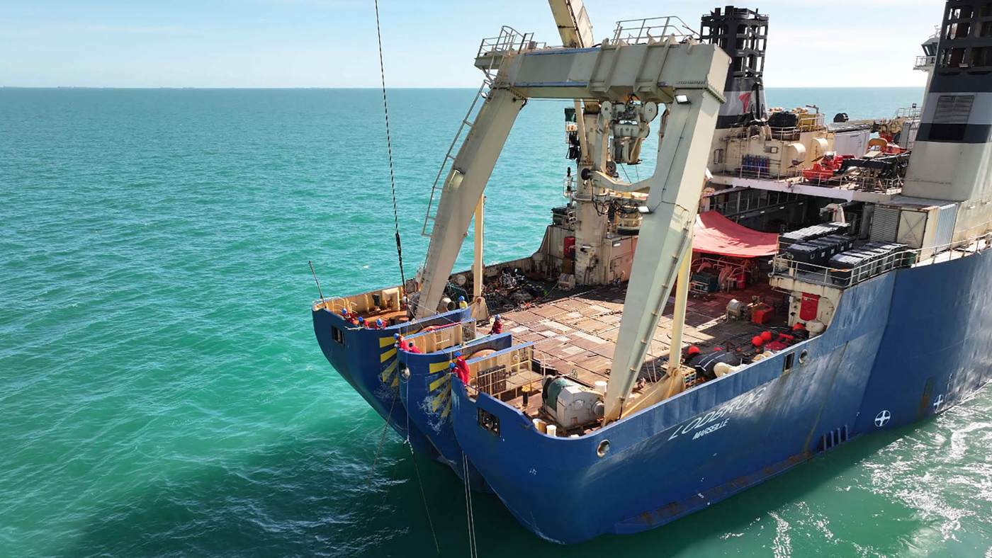 Image of workers onboard the Lodbrog. Vocus submarine cable laying vessel.