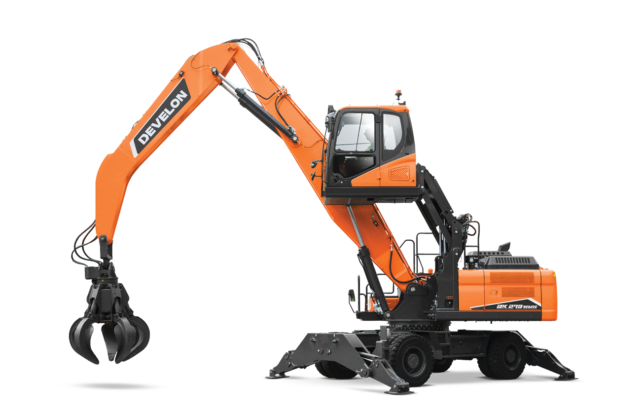 The DEVELON DX270WMH-7 wheel material handler against a white background.