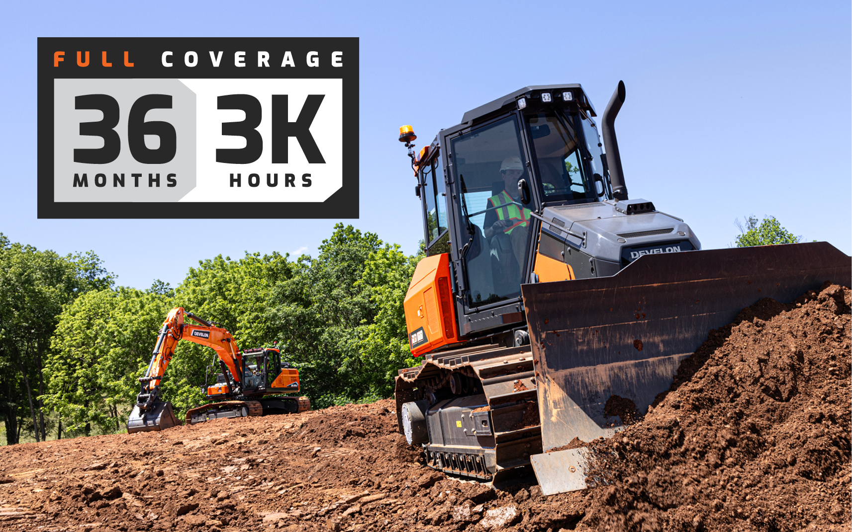 A DEVELON dozer pushing dirt with &ldquo;Full Coverage 36 months, 3K hours&rdquo; warranty text.