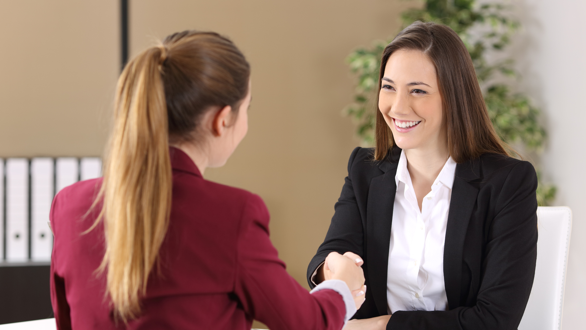 Two businesswomen handshaking at office