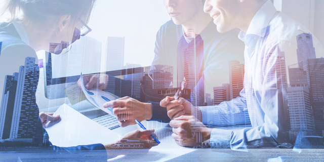 business people working on marketing plan, double exposure