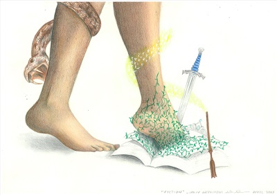 An artwork showing bare feet near objects including a book, snake, a sword, and textured green elements on a light background.