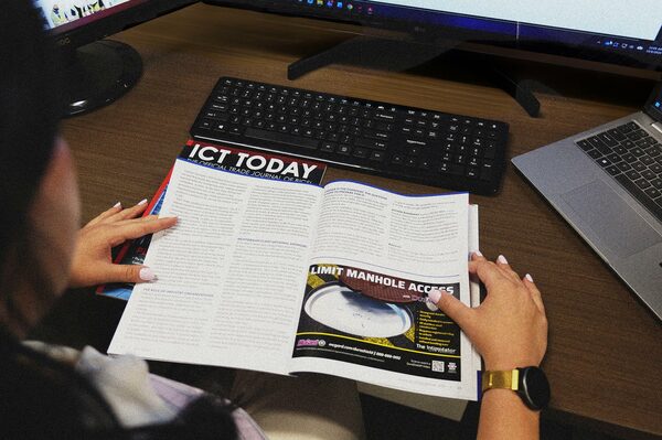 BICSI ICT Today trade journal magazine being read at a professional workspace