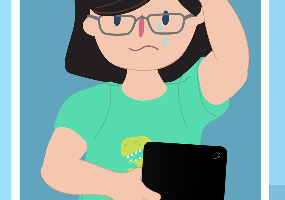 A girl crying, looking at a tablet.