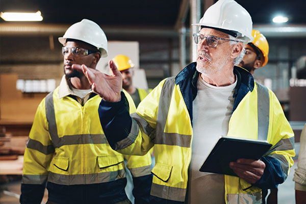 Construction supervisor gesturing to team members