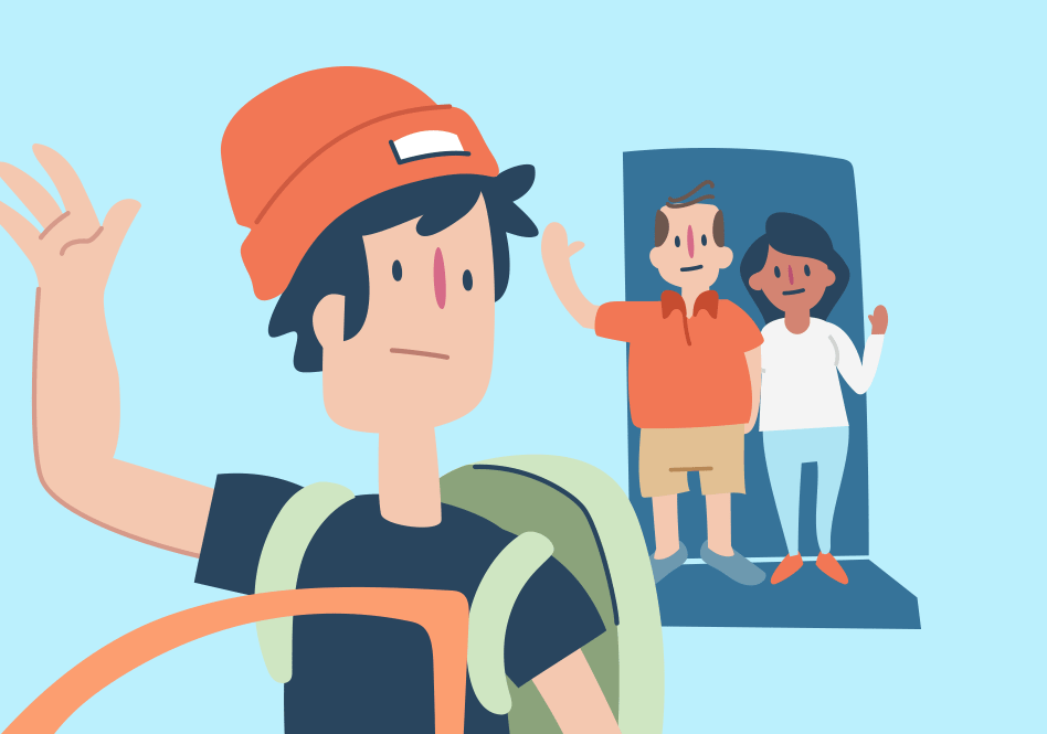 An illustration of a person stepping into a car with the door open and one hand raised, wearing a backpack, with their parents waving from a doorway behind them.