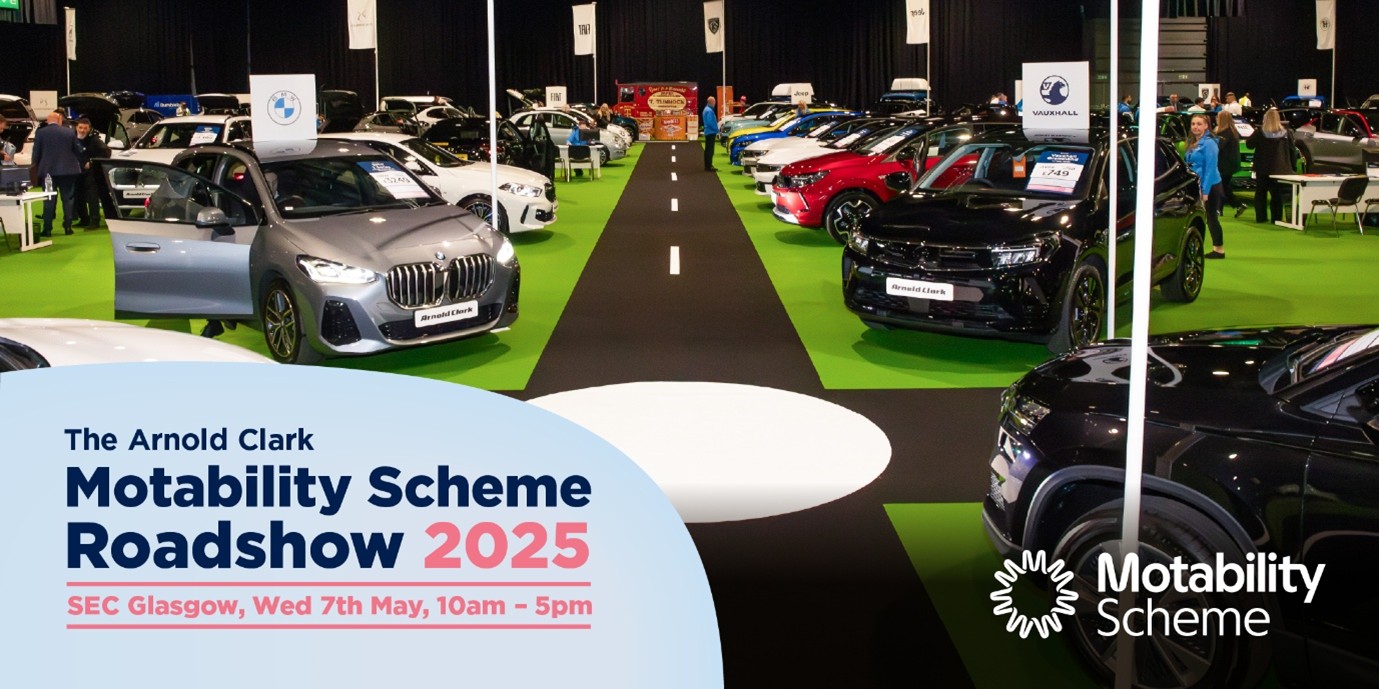 A promotional image for the Arnold Clark Motability Scheme Roadshow 2025, featuring a large indoor event space with various cars on display. The venue has a mock road setup with a black carpet and white road markings, surrounded by vehicles from brands such as BMW and Vauxhall. Attendees walk around, exploring cars and speaking with representatives. The event details, including the date and location at SEC Glasgow, are prominently displayed in the foreground