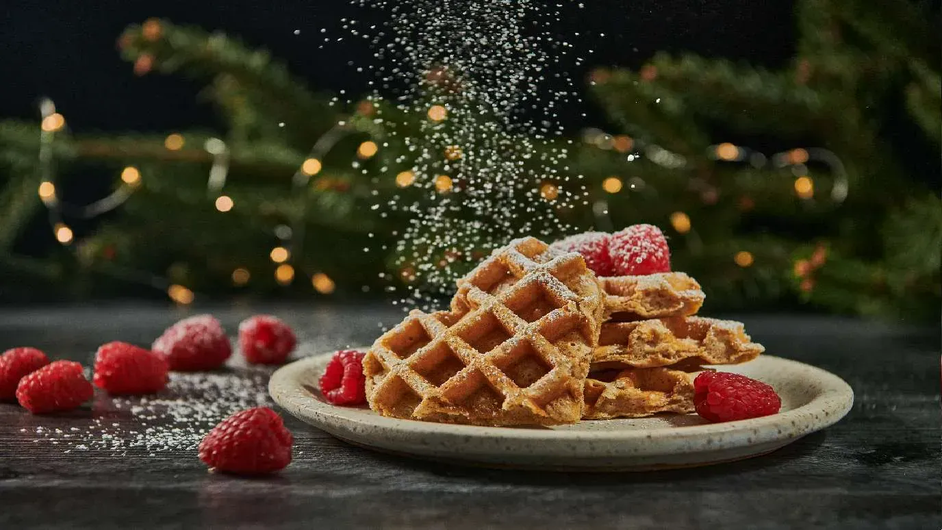 Plate of cinnamon buttermilk waffles with raspberries