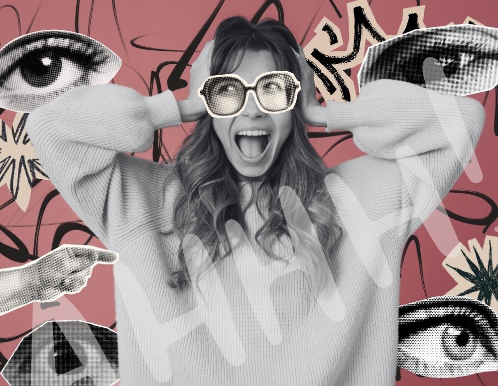 A girl screams with her hands to her head. Around her are scribbles and cut-outs of eyes watching.