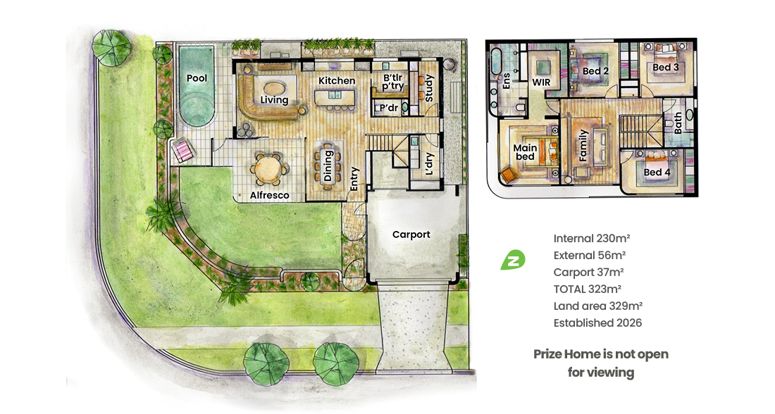 Labelled floorplan of Draw 557 Prize Home.