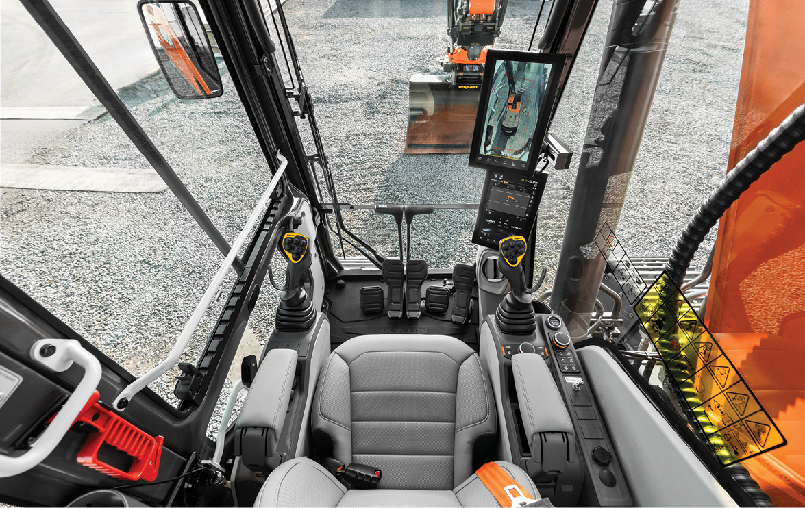 An operator’s view from inside the redesigned cab of the new DEVELON -9 Series excavator.