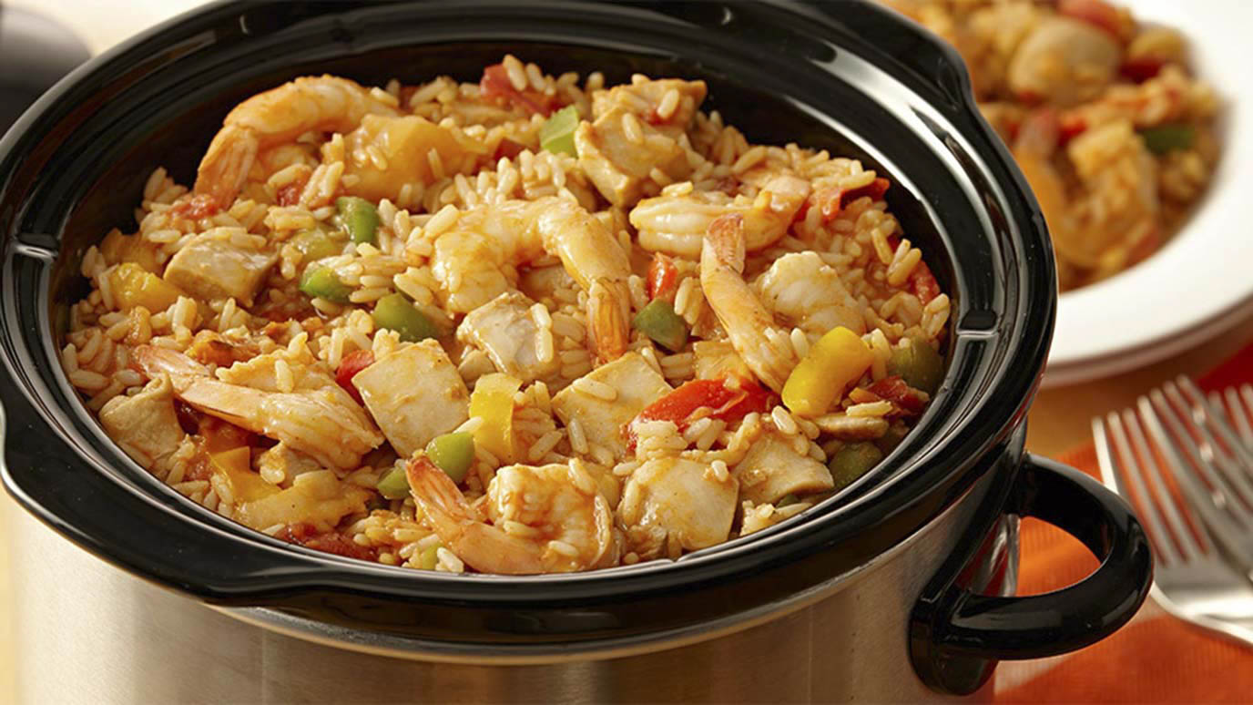 Bowl of Slow Cooker Chicken & Shrimp Jambalaya