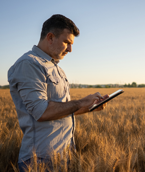 Picture of Australian wheat farmer in field with Ipad