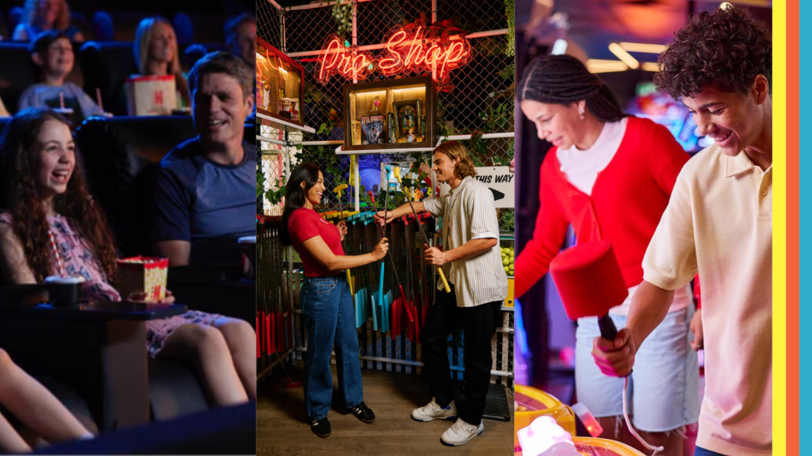 Collage of teenagers and families enjoying entertainment activities, including watching a movie, playing mini golf and arcade games during a day out at Eastland.