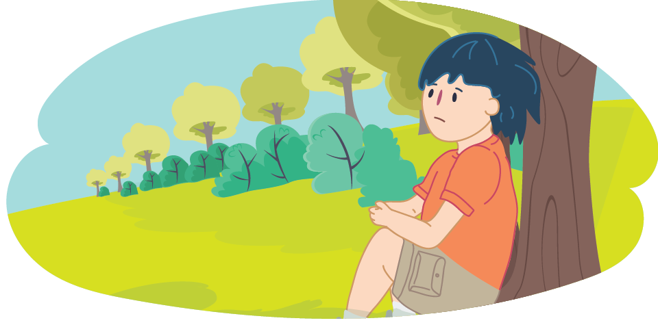 A child sitting alone on grass, leaning against a tree.