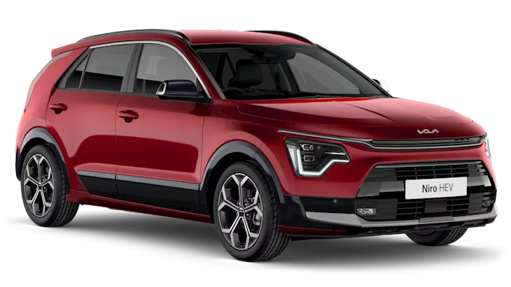 Front-side view of a red Kia Niro Hybrid (HEV) SUV, showcasing its modern angular headlights and bold front grille design.