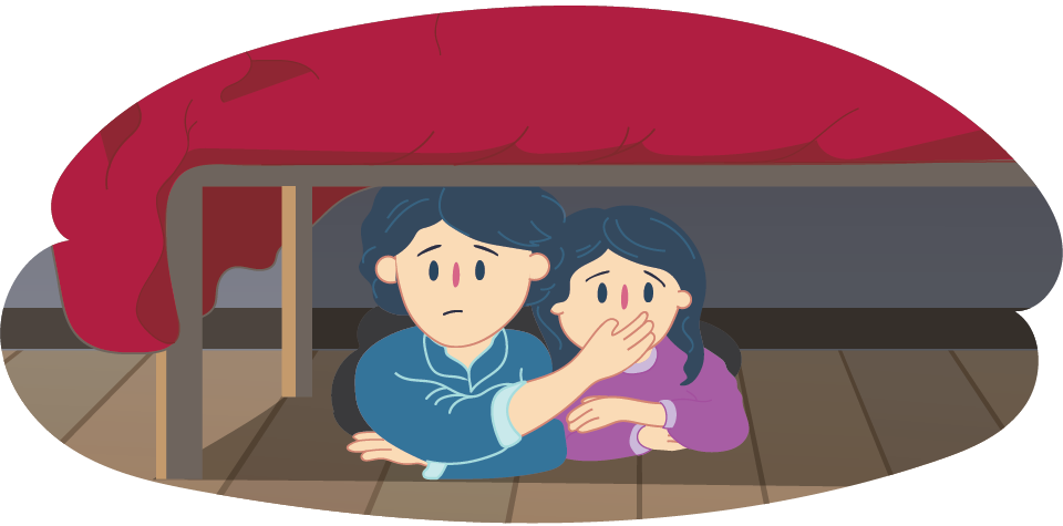 Two children hiding under a bed in a bedroom with one child covering the others mouth with their hand.
