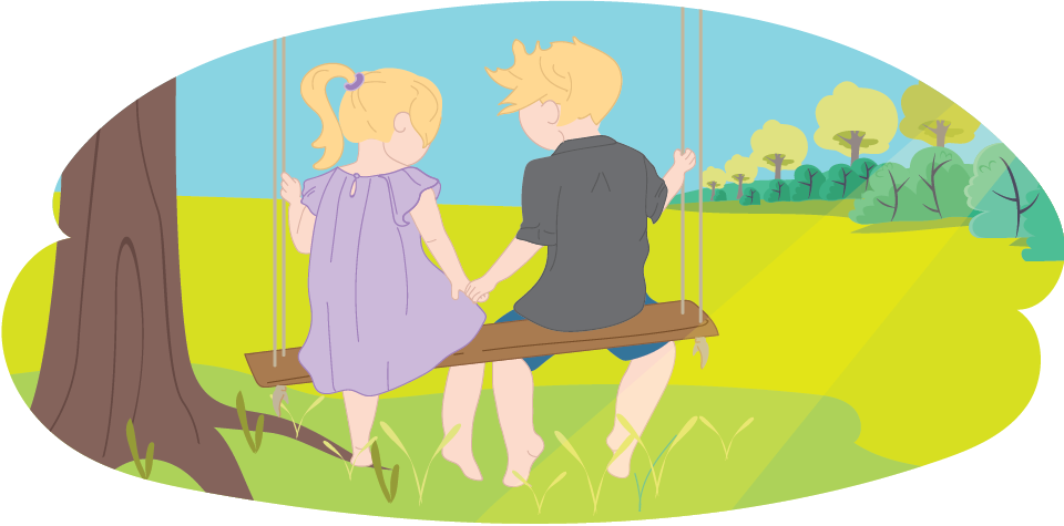 Two children sitting together on a wooden swing outdoors, holding hands.