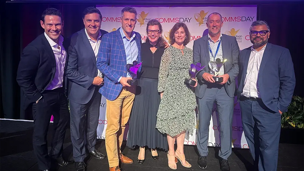 Picture of Vocus team with the business winning awards for Best Enterprise Telco, Best Longhaul Network Operator, and Best Telecom Marketing Initiative.