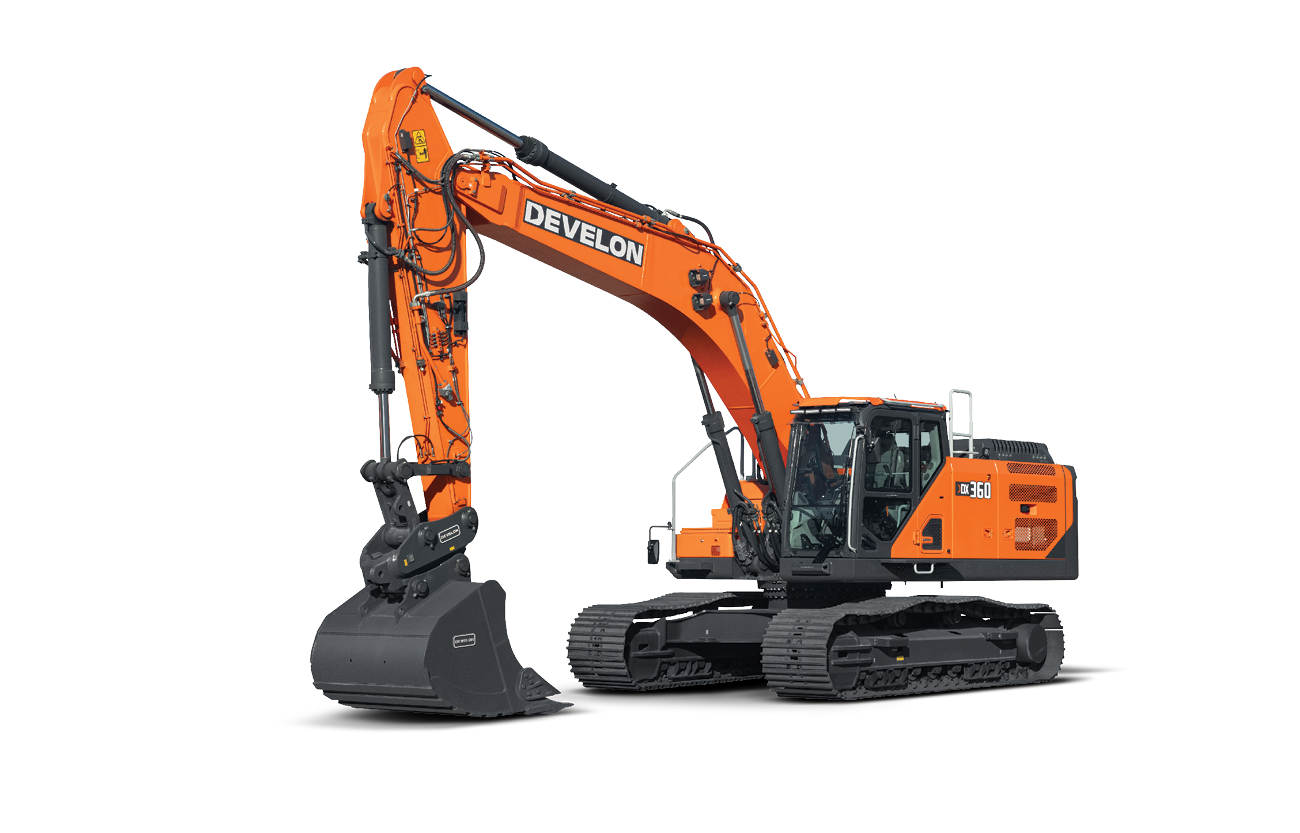 The next-generation DEVELON DX360LC-9 crawler excavator against a white background.