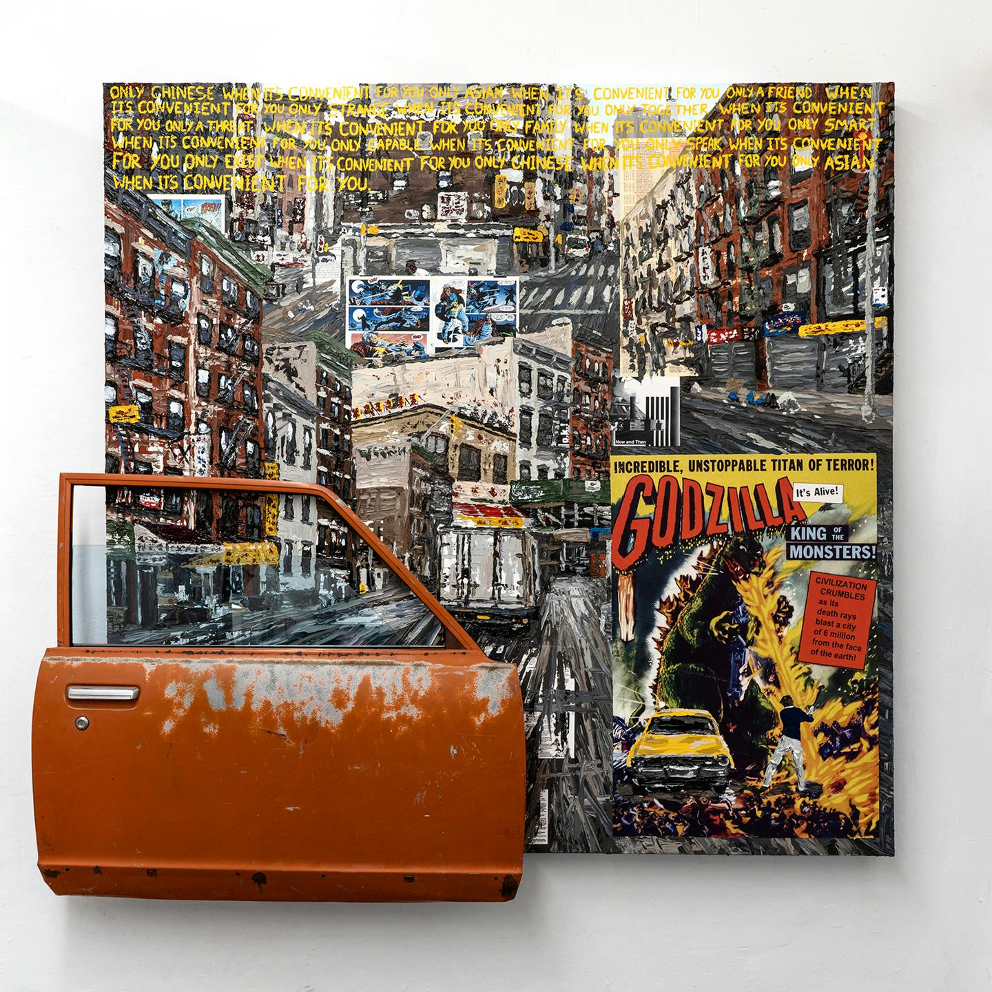 Zài ni fāngbiàn de shíhòu (WHEN IT’S CONVENIENT FOR YOU), 2021. Acrylic on canvas with Toyota Camry door. 72 x 72.”