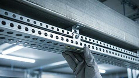 Close-up of a worker wearing a protective glove installing or adjusting a metal cable tray system along a ceiling structure.