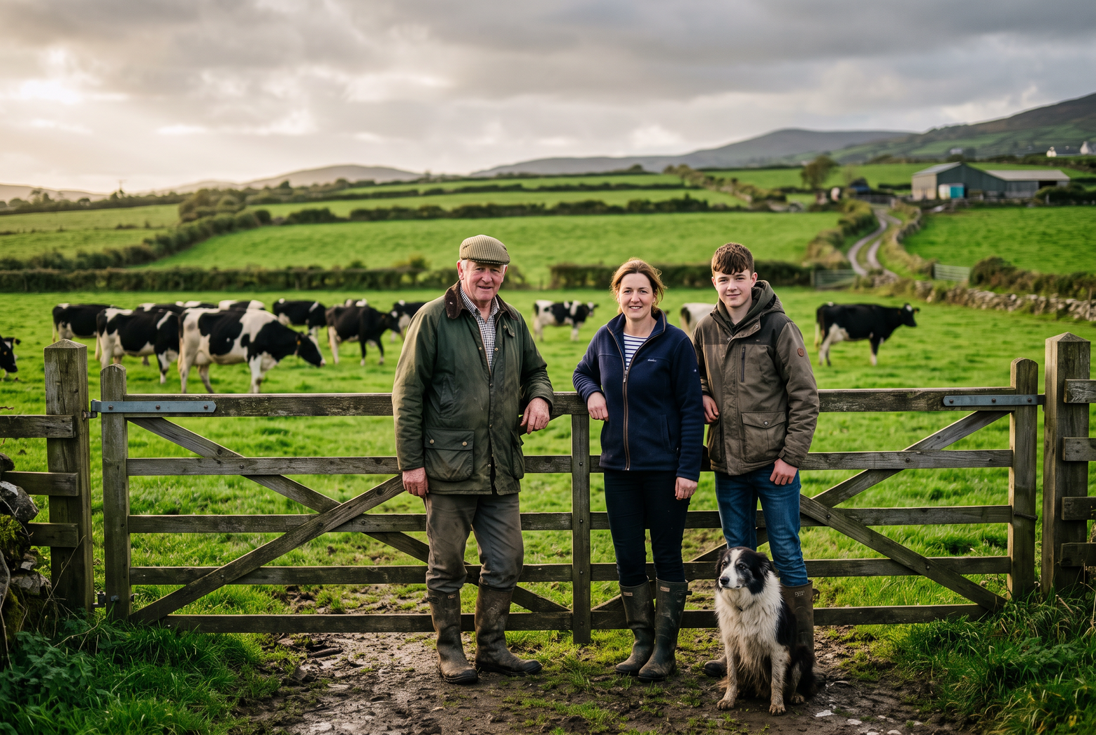 An Irish farming family in work clothes standing together at a field gate