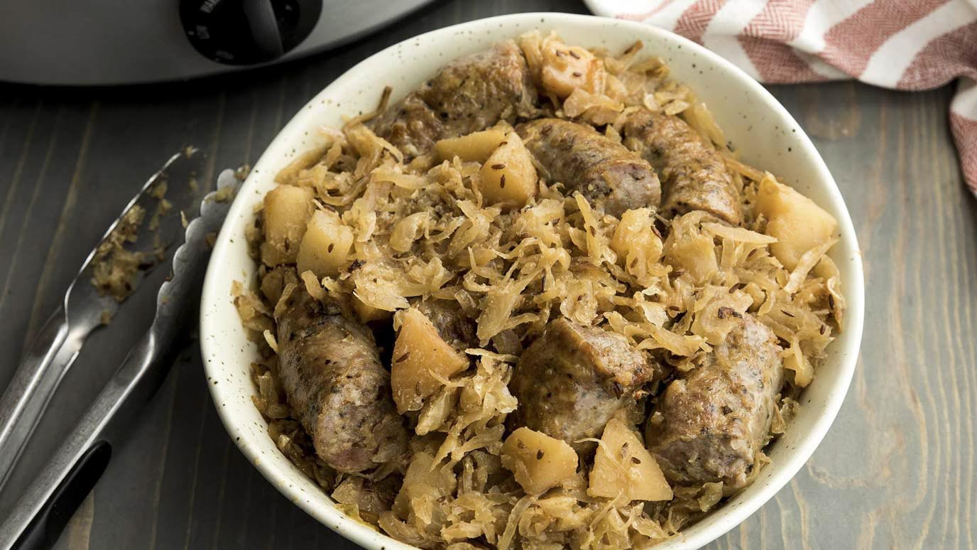Plate of Slow Cooker Sausage and Sauerkraut