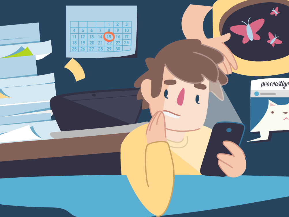 Cartoon boy on phone procrastinating work