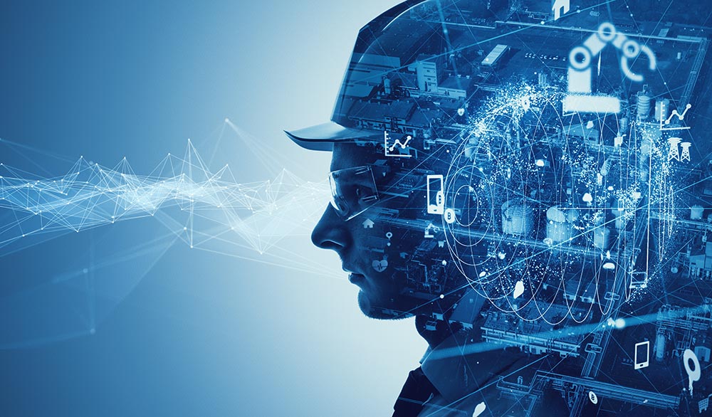 Profile of a hard-hat worker integrated with digital data graphics, network connections, and futuristic tech overlay
