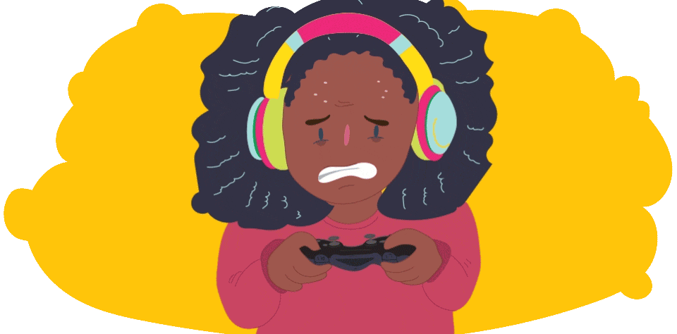 A girl wearing headphones and holding a game controller, with negative speech bubbles moving around her.