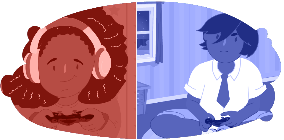 Two people shown separately, each using a game controller in different rooms.