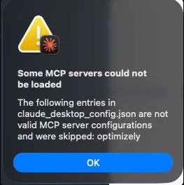 Claude Desktop error stating that the Optimizely MCP server configuration could not be loaded