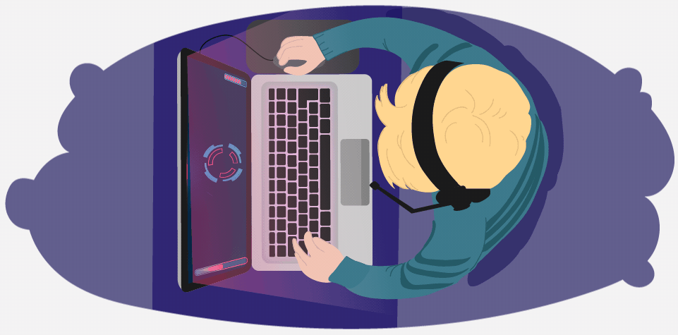 A child wearing a headset and using a laptop viewed from above.