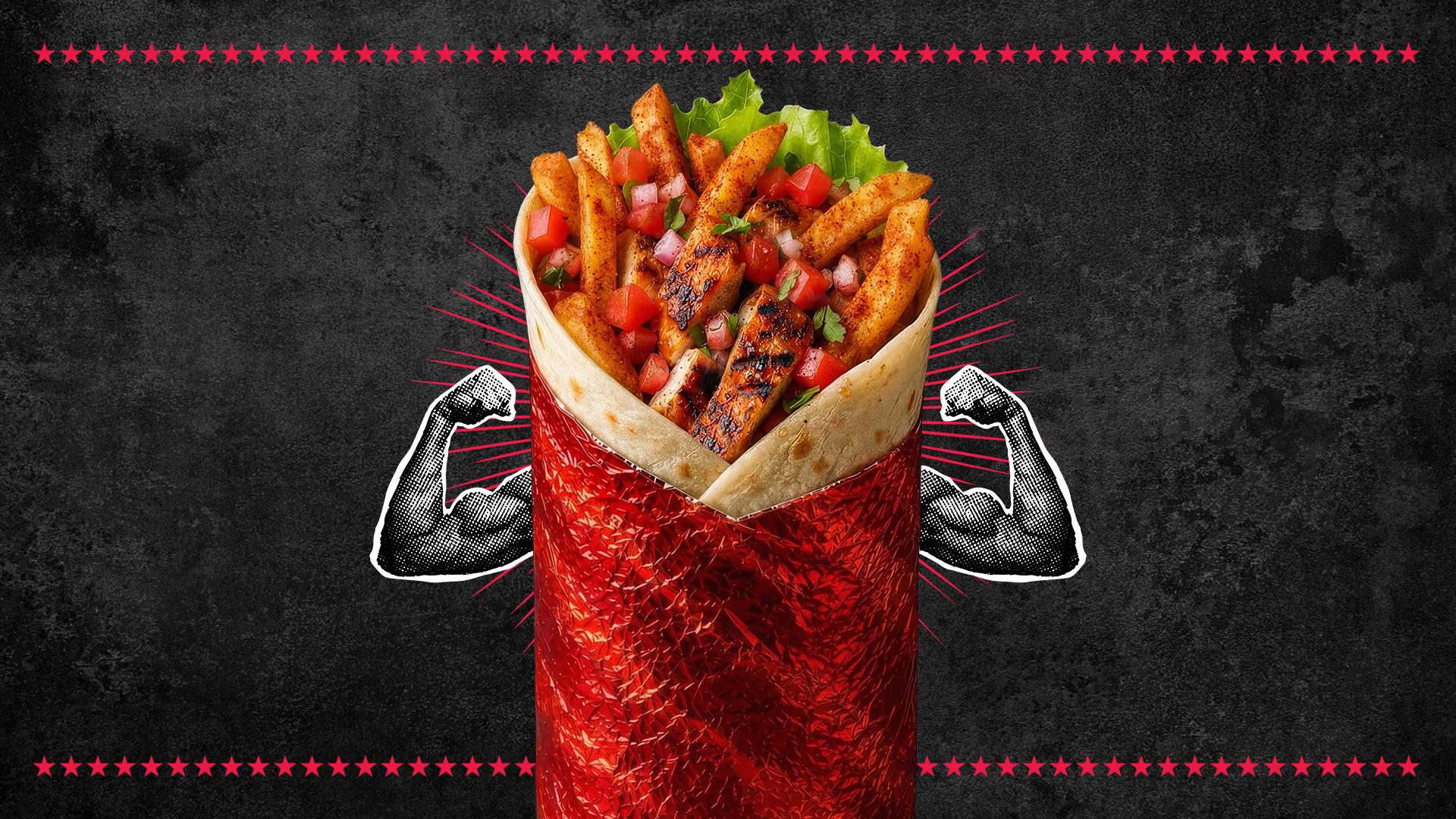 Mad Mex Baja Burrito filled with Chilli & Lime Baja Fries, lettuce, cheese, pico de gallo and your choice of filling against a black campaign background.