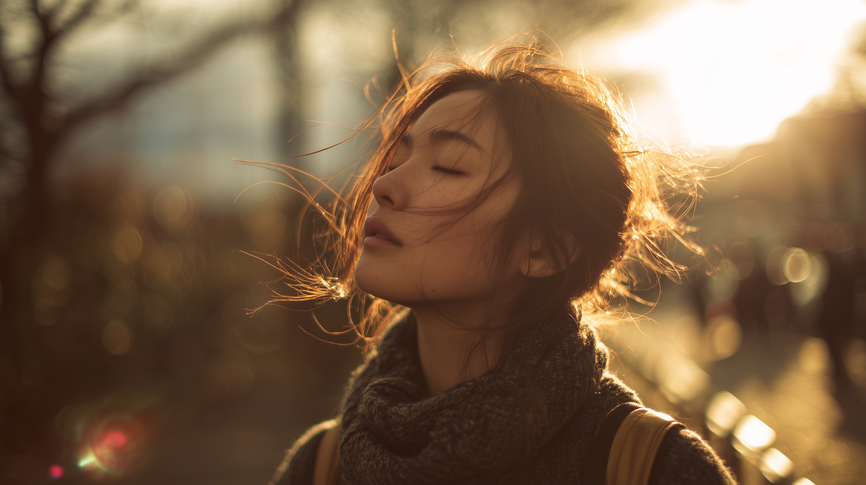 a cold breeze touches the face of a young Japanese woman on a late autumn afternoon, evoking a sense of stillness.jpg
