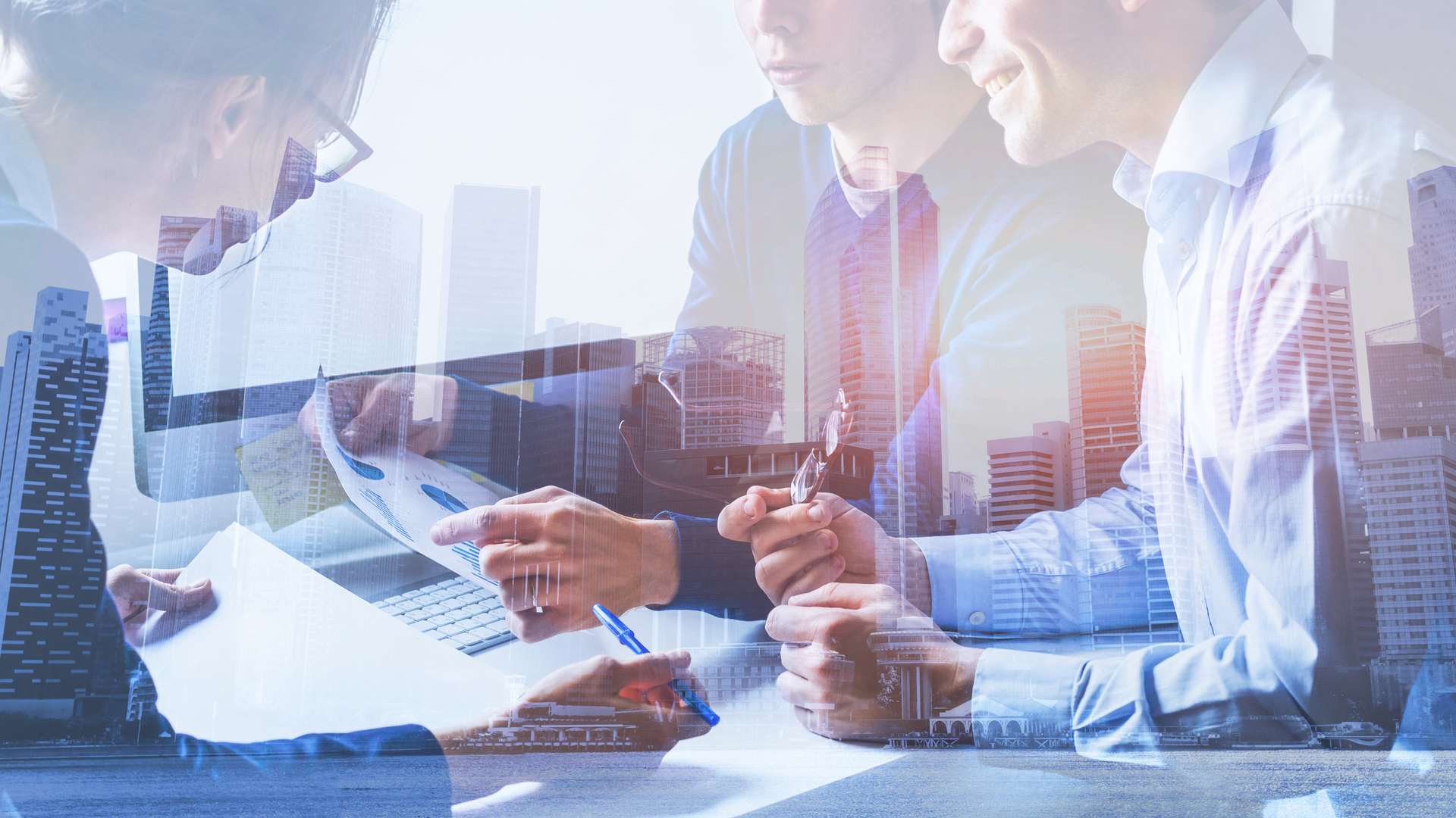 business people working on marketing plan, double exposure