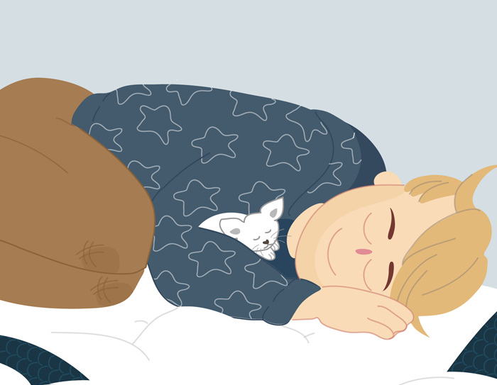 Someone curls up on a cloud sleeping with their pet tucked into their arms.
